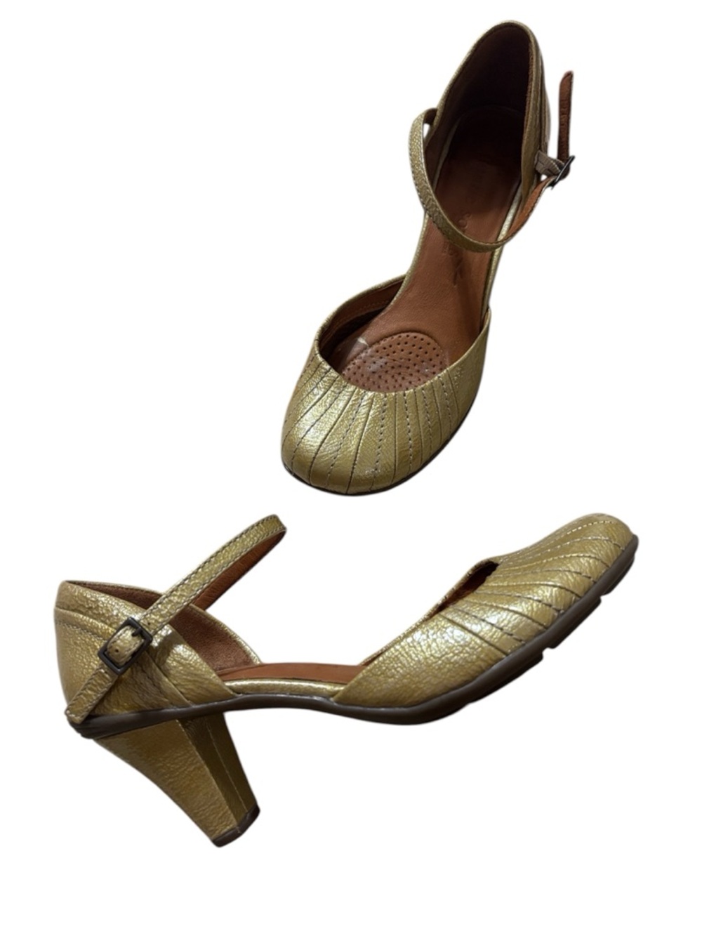 Gentle Souls Vintage Metallic Gold Ankle-Strap Heels, 7